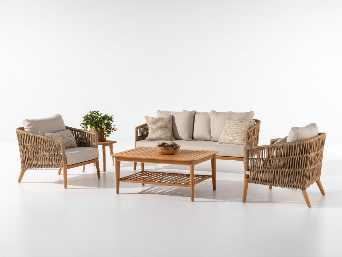 Divani da esterno - Legno-corda-tessuto - 190x82x78 cm - Naturale-Beige chiaro - Moderno