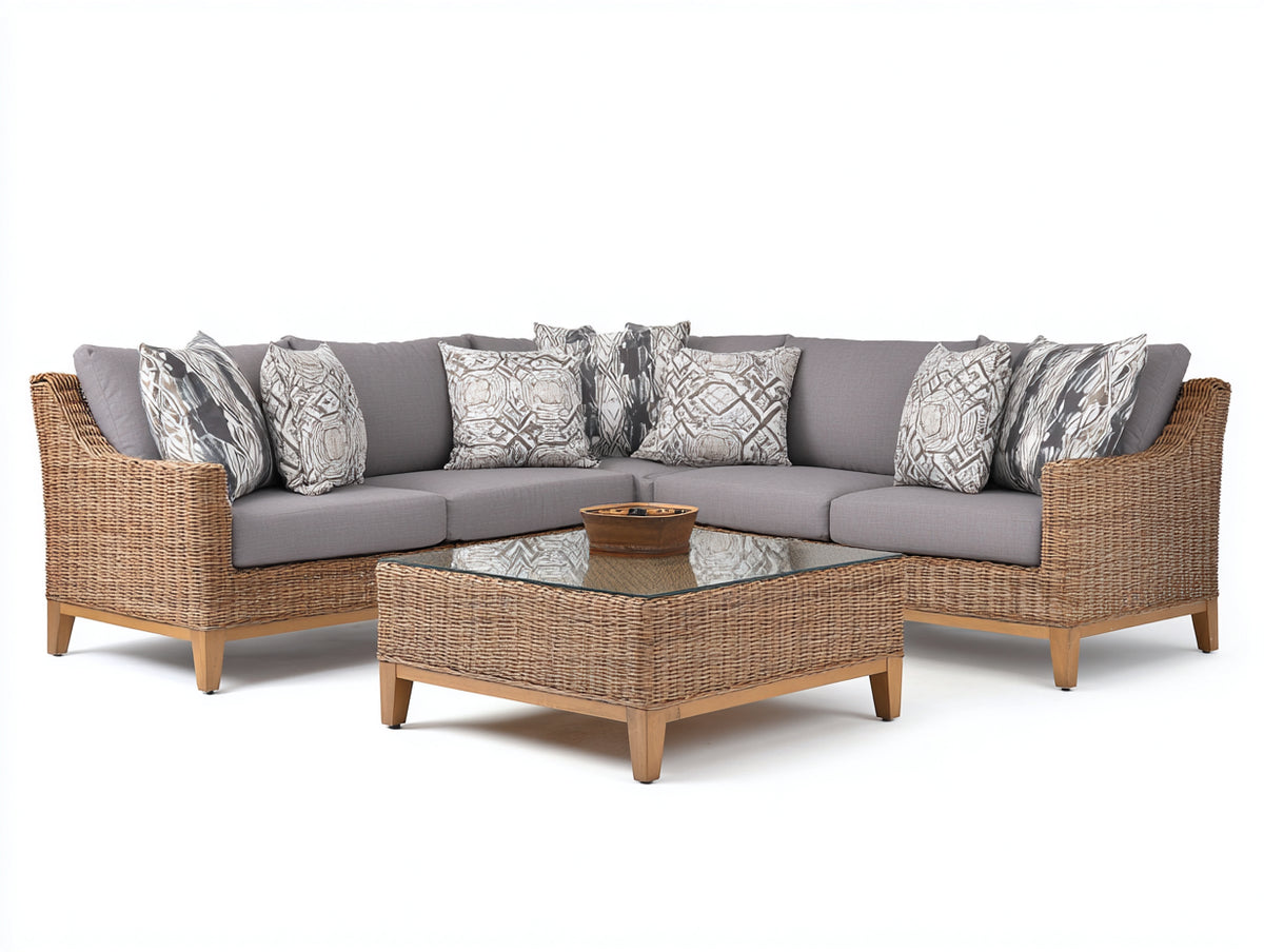 Divani da esterno - Rattan-legno-tessuto-vetro - 282x282x80 cm - Naturale-Grigio - Moderno