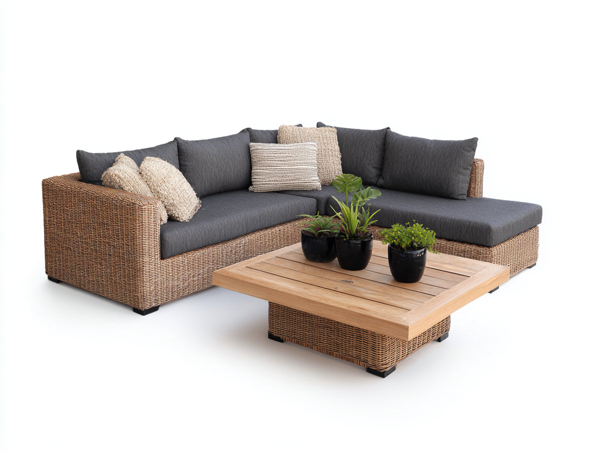 Divani da esterno - Rattan-legno-tessuto - 268x210x78 cm - Naturale-Grigio antracite - Moderno