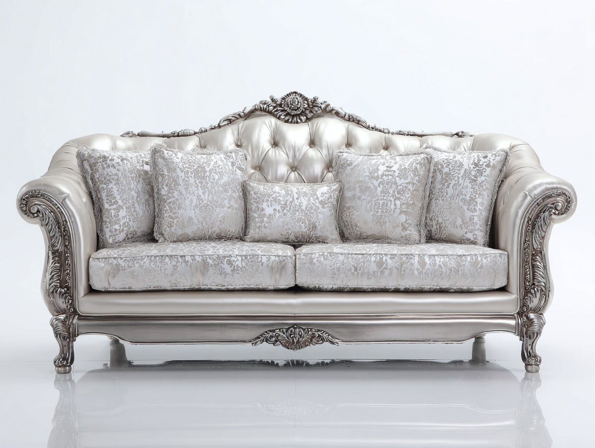 Divano lineare - Pelle-Tessuto-Legno - 242x103x112 cm - Argento-Avorio - Classico