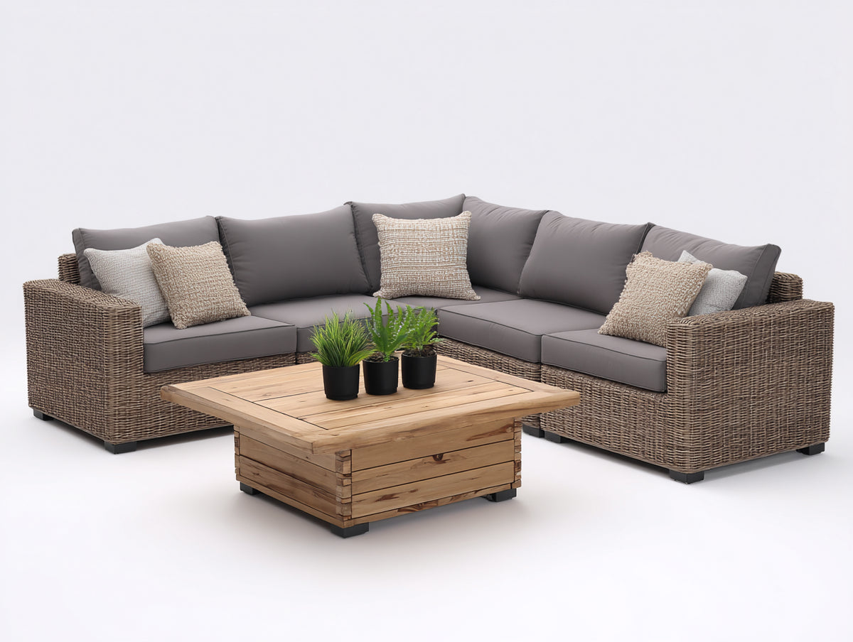 Divani da esterno - Rattan-legno-tessuto - 274x274x79 cm - Marrone tortora-Grigio-Naturale - Moderno