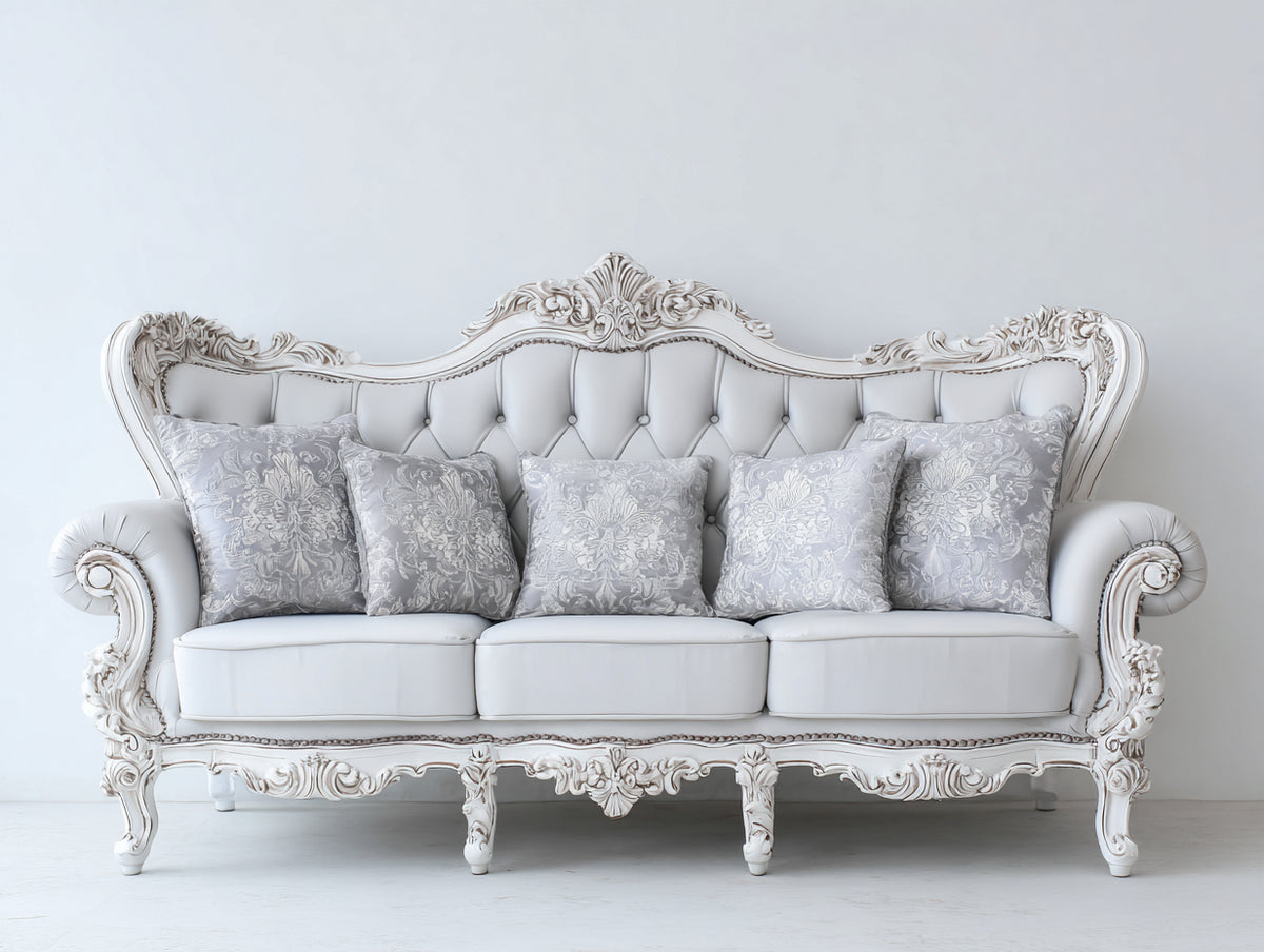 Divano lineare - Pelle-Legno - 248x101x118 cm - Bianco - Barocco