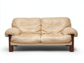Divano lineare - Pelle-Legno - 188x98x90 cm - Beige crema-Marrone scuro - Classico