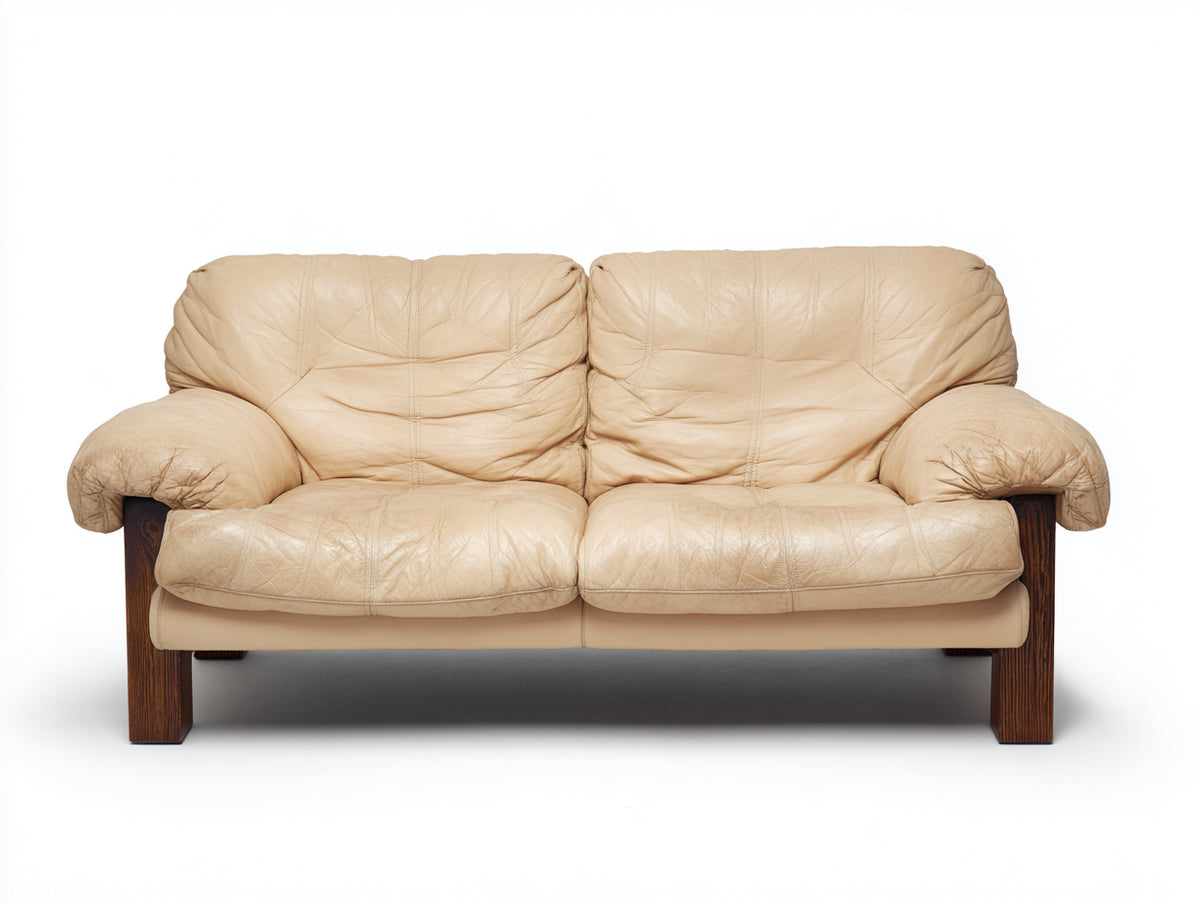 Divano lineare - Pelle-Legno - 188x98x90 cm - Beige crema-Marrone scuro - Classico
