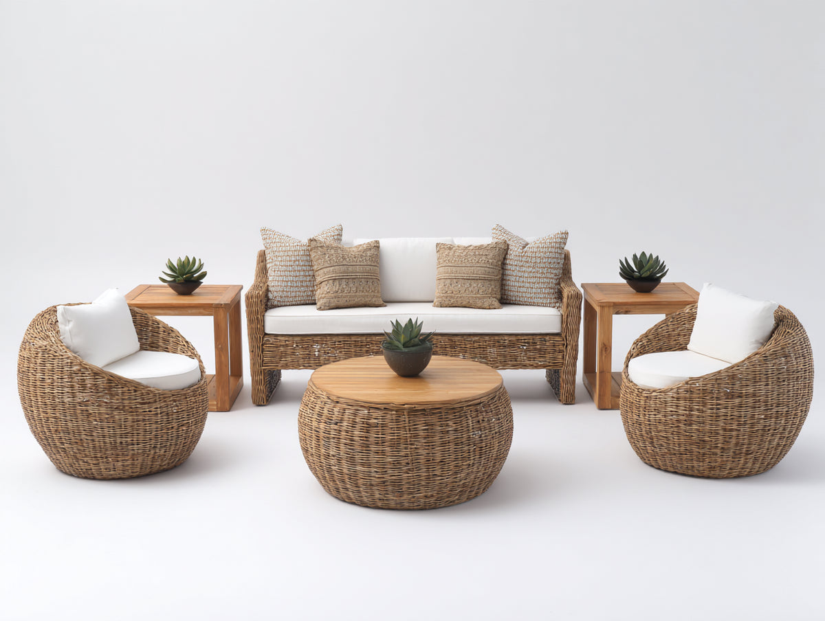 Divani da esterno - Rattan-legno-tessuto - 188x84x79 cm - Naturale-Bianco crema - Boho