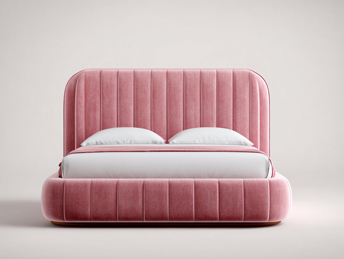 Letto matrimoniale - Velluto - 216x184x116 cm - Rosa antico - Moderno arrotondato