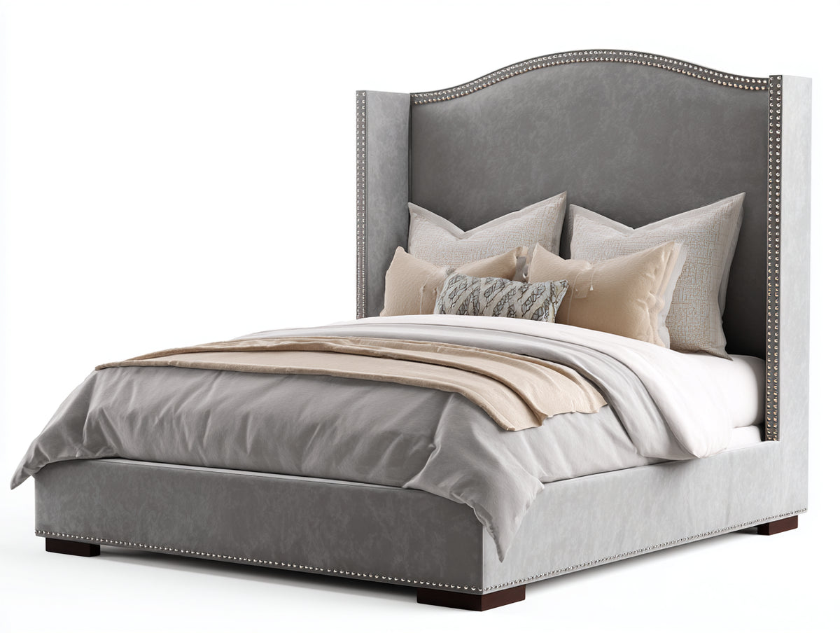 Letto matrimoniale - Velluto - 224x190x142 cm - Grigio argento - Classico elegante