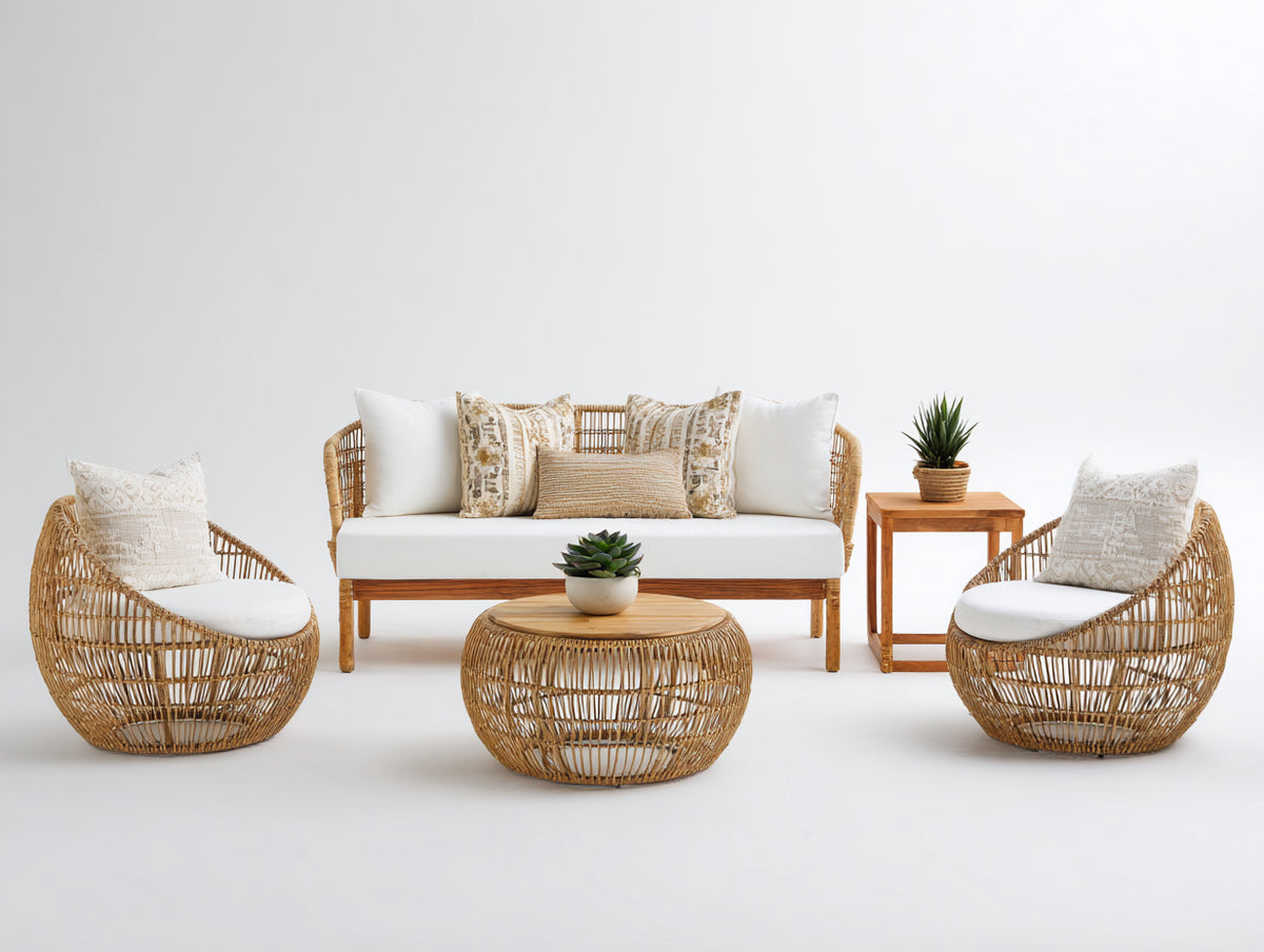 Divani da esterno - Rattan-legno-tessuto - 192x83x78 cm - Naturale chiaro-Bianco - Boho
